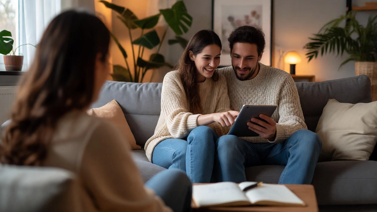 Couple reviewing finances together on tablet in living room