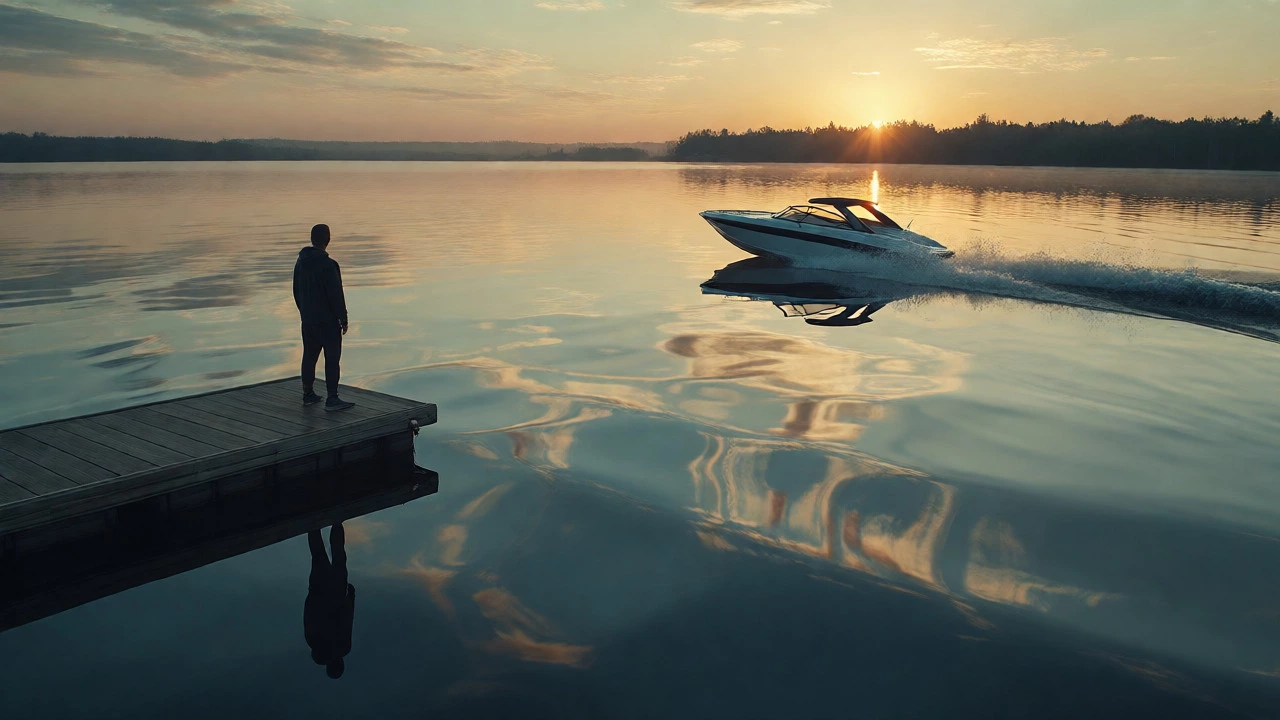 Figure on a dock looking at a calm lake with a distant boat, representing the balance between safety and growth.