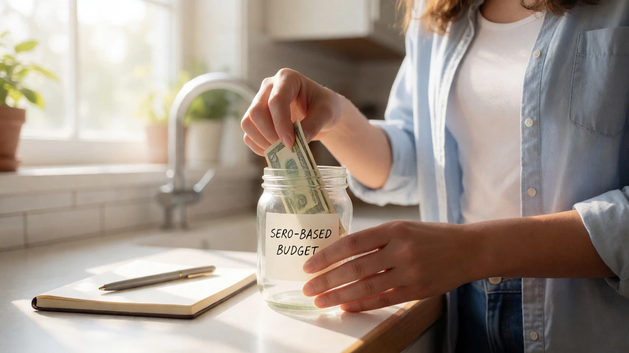 Hands putting cash into a savings jar on a sunny kitchen counter.