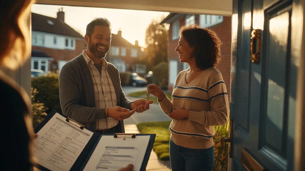 Happy couple receiving keys after successful remortgage approval