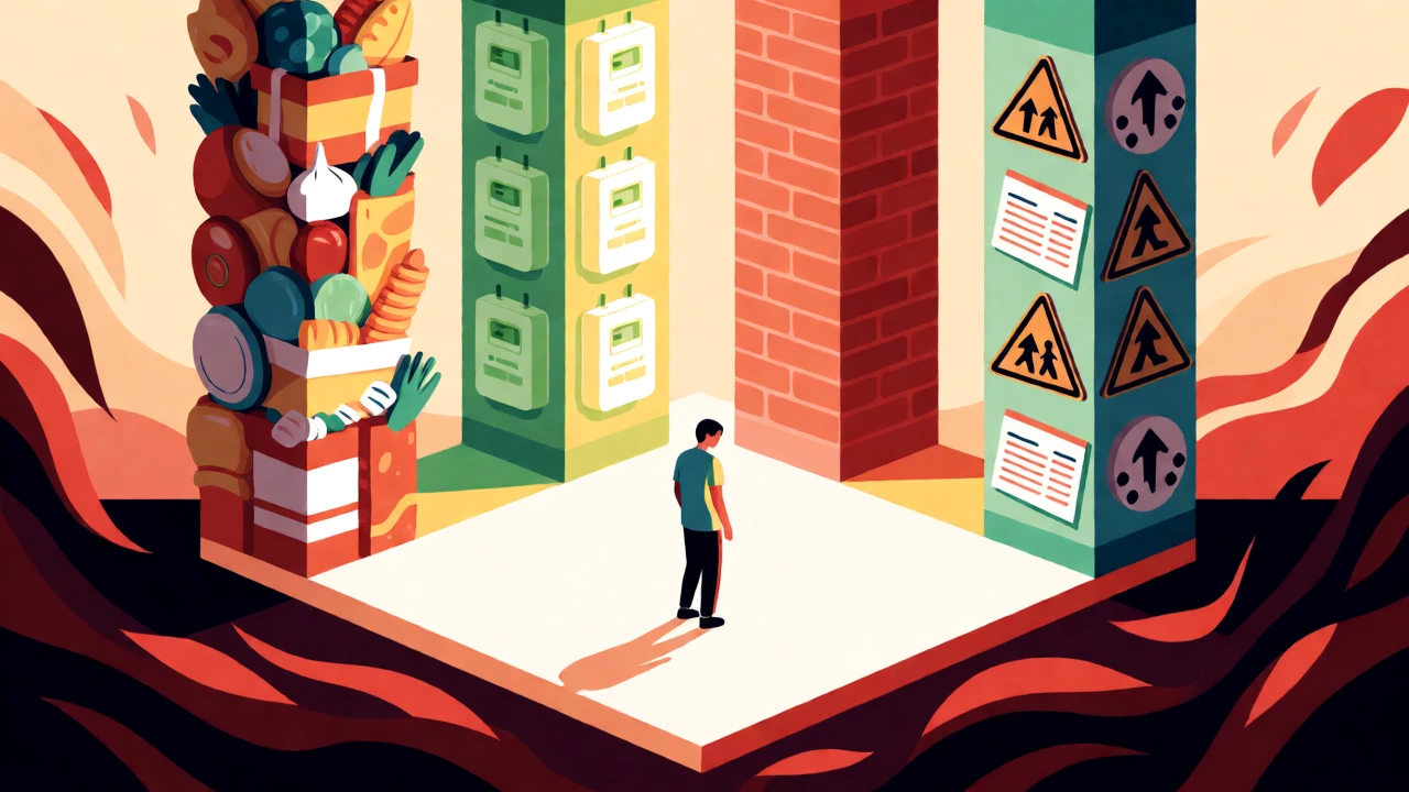 Illustration of a person protected by four walls of essentials like food and shelter.