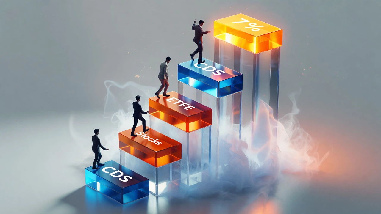 Isometric 3D render of investors climbing a glass ladder through financial markets