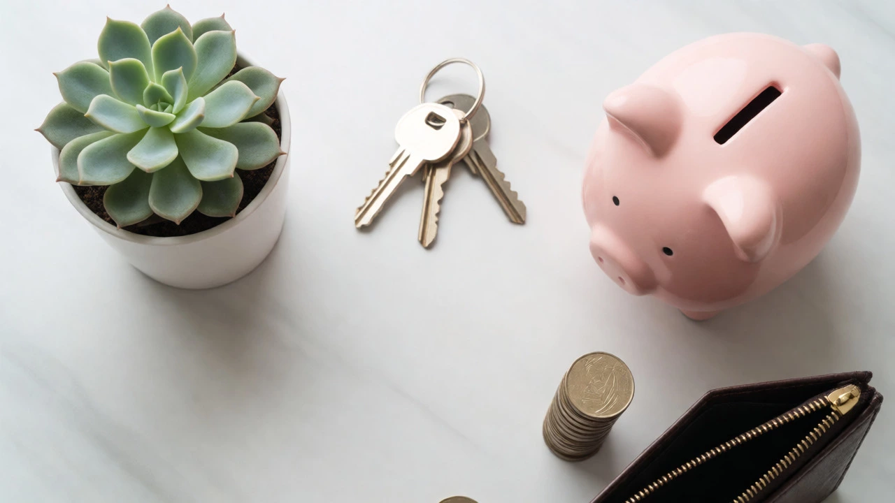 Minimalist flat lay of keys, coins, and plant symbolizing financial freedom