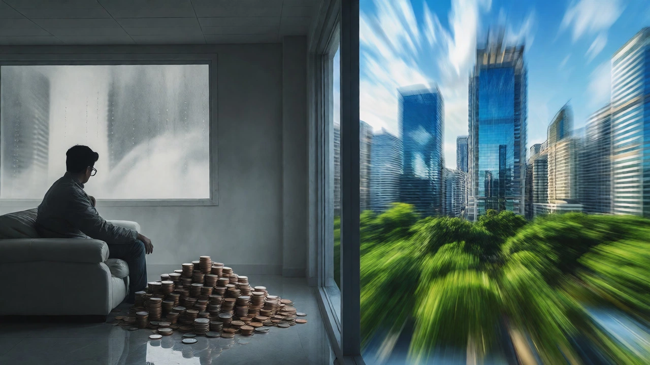 Person sitting in a grey room watching a vibrant world rush by, illustrating missed investment opportunities.