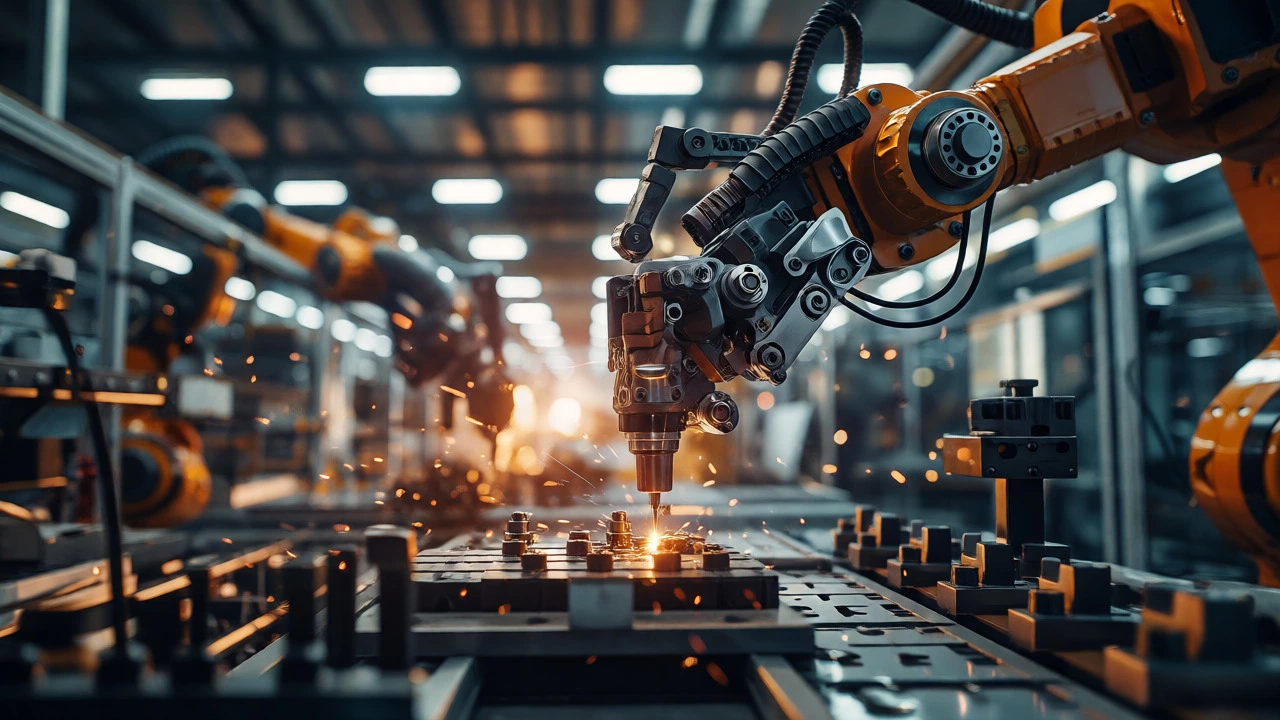 Robotic arm assembling parts in a smart factory illustrating industrial automation trends.