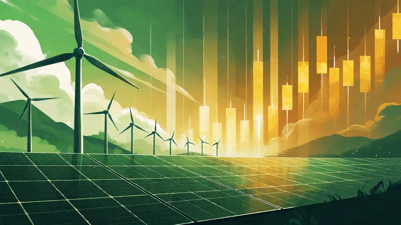 Solar panels and wind turbines rising against a backdrop of golden financial growth lines.