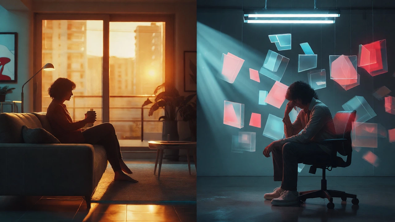 Split image comparing stress of debt vs. freedom of paying off cards