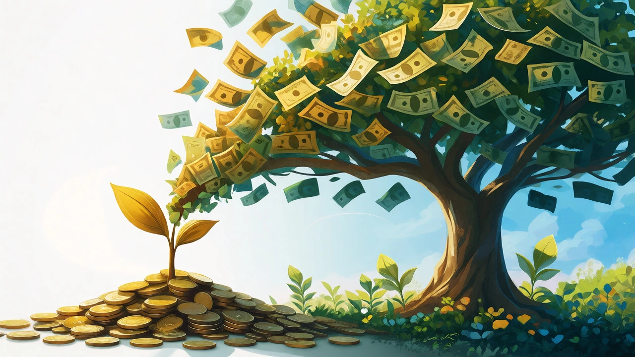 Conceptual illustration of a money tree growing from coins to represent compound interest