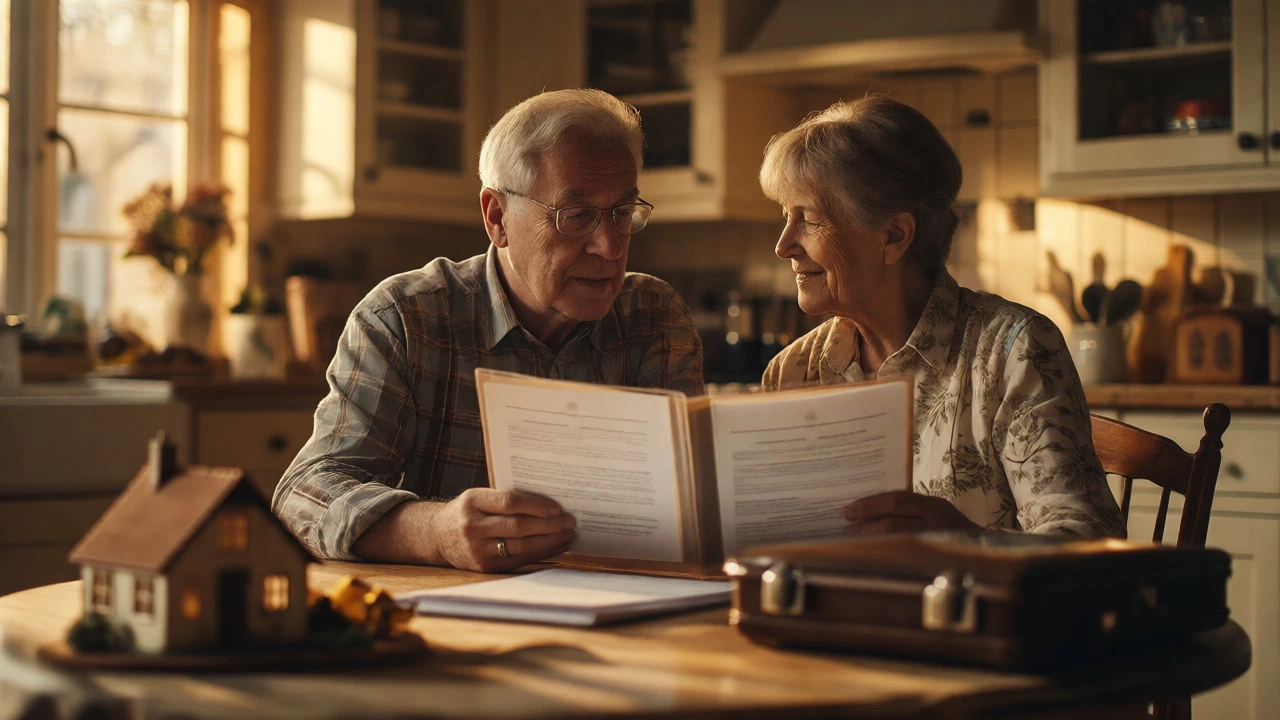 Couple reviewing insurance folders at home