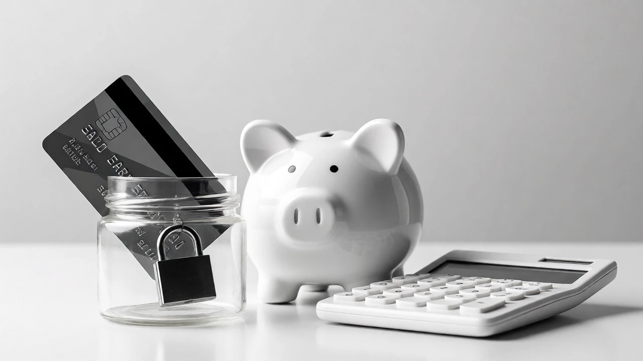Credit card locked in a glass jar beside savings tools