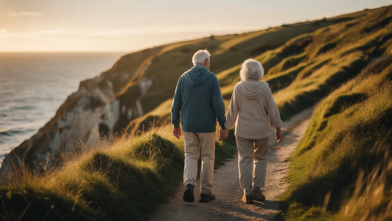 Elderly couple enjoying a peaceful walk along a scenic UK coastal path