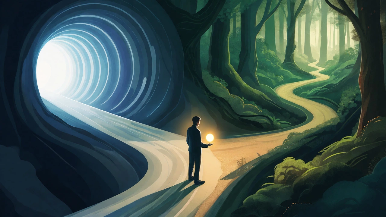 Figure at a crossroads choosing between a tunnel and a forest