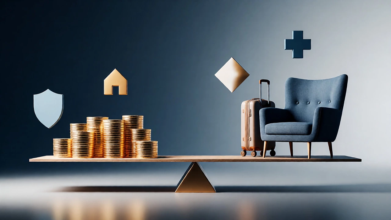 Golden scale balancing money against lifestyle icons