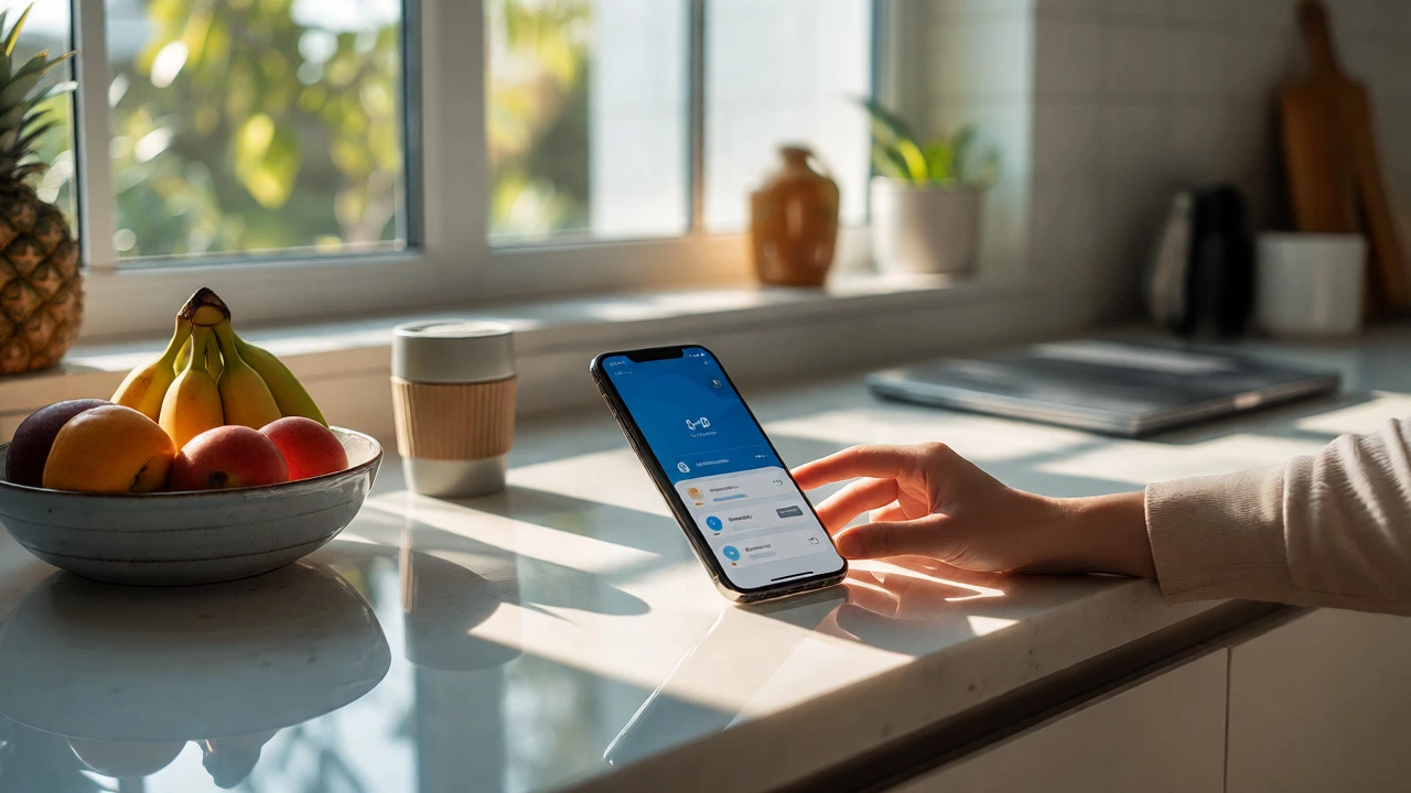 Hand using smartphone for banking near fruit and coffee in bright kitchen
