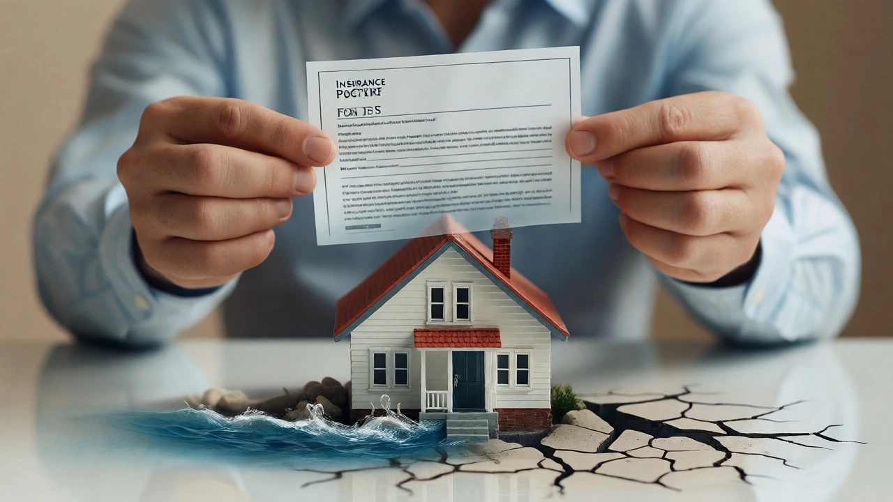 Hands holding transparent insurance policy over model house with flood and quake symbols