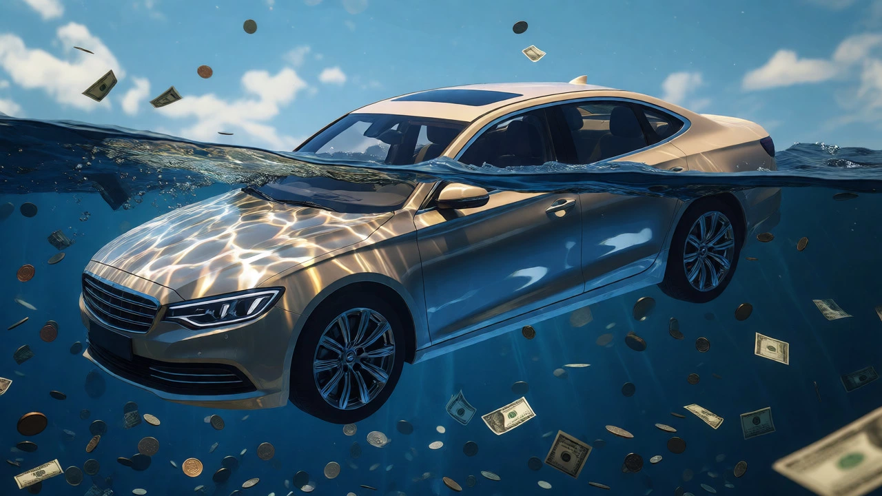 New car partially submerged in water to illustrate negative equity and depreciation risks.