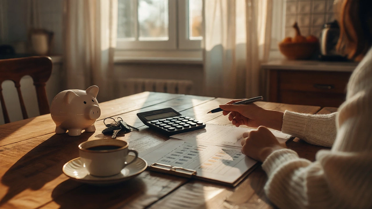 Person reviewing financial plans and car keys at a sunlit kitchen table.