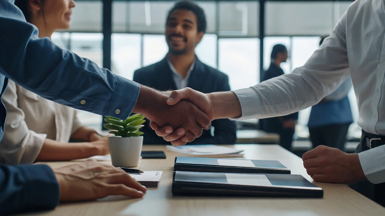 Professionals shaking hands over a desk with two separate policy folders