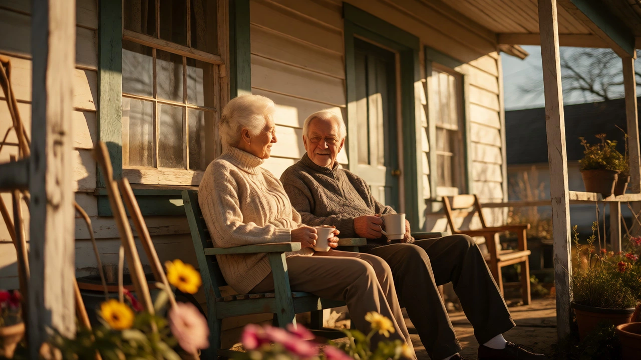 Relaxed elderly couple drinking coffee on a sunny porch