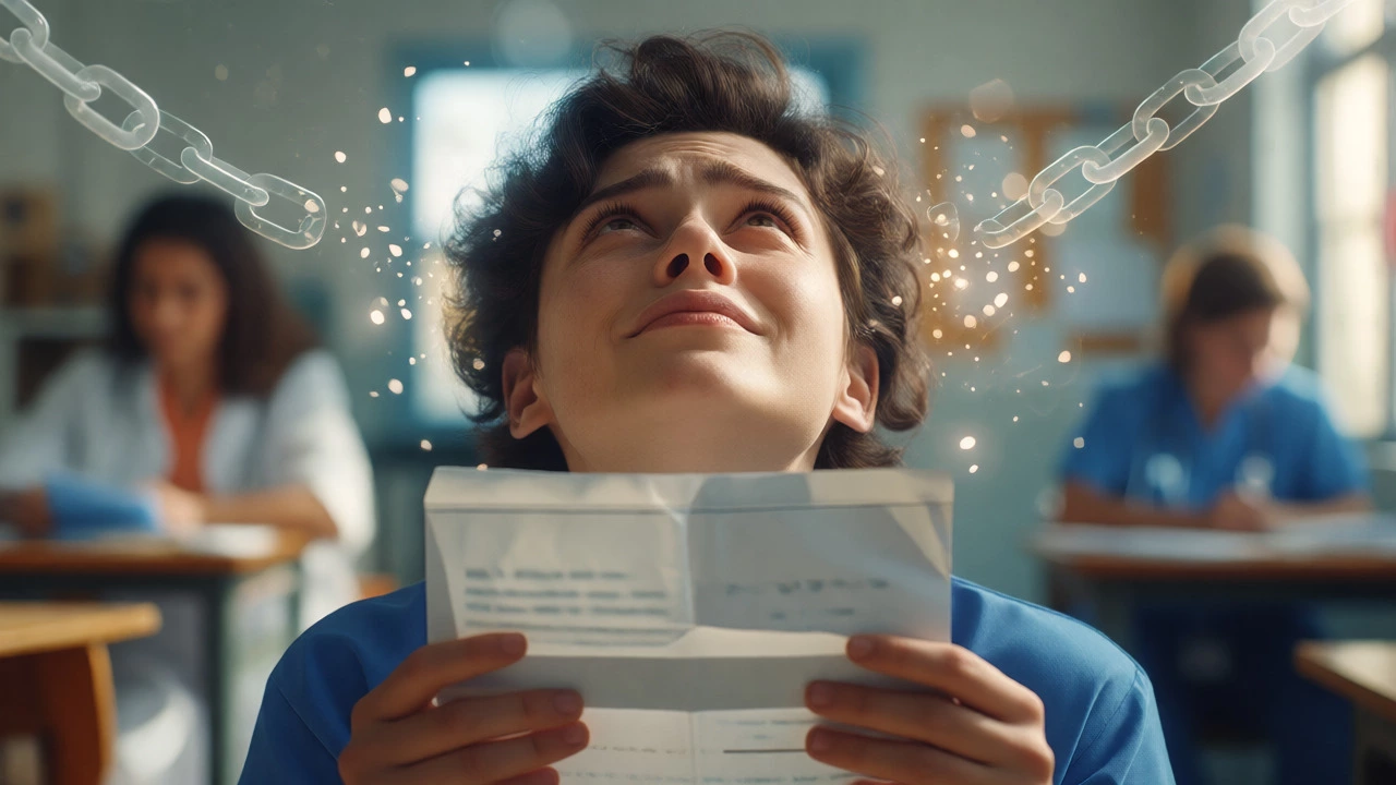 Relieved professional holding forgiveness letter in bright educational setting