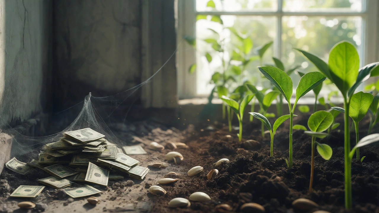 Split view of dusty cash in shadow versus vibrant plants growing in sunlight, showing opportunity cost.