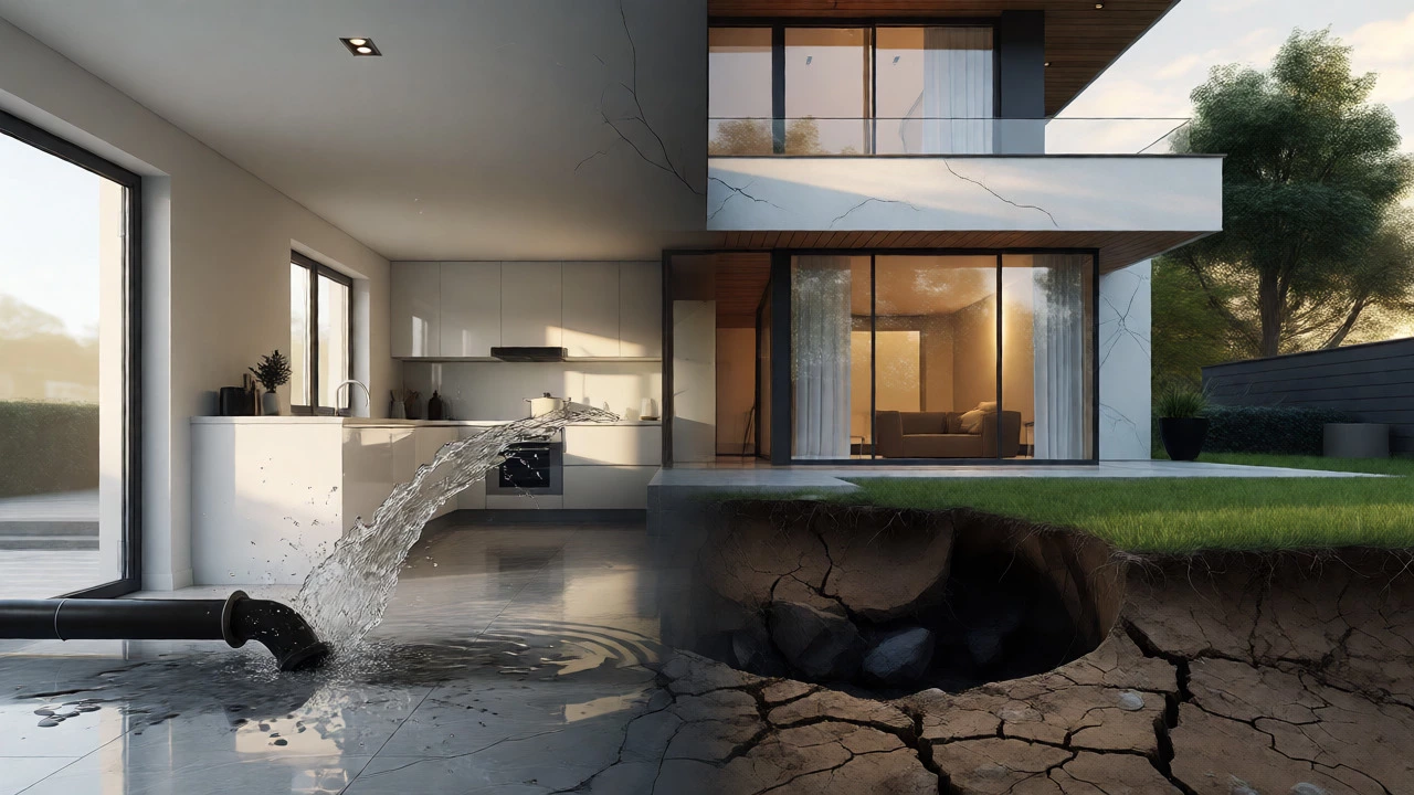 Split view showing covered indoor leak versus excluded ground shifts