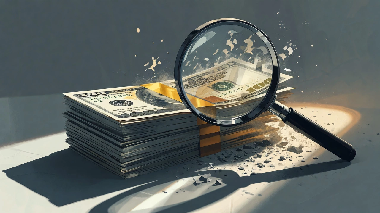 Stack of cash under a magnifying glass with edges dissolving into dust, symbolizing inflation.
