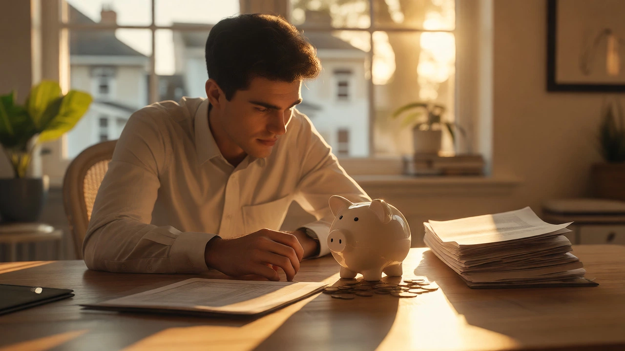 Young professional saving money at a desk with a piggy bank
